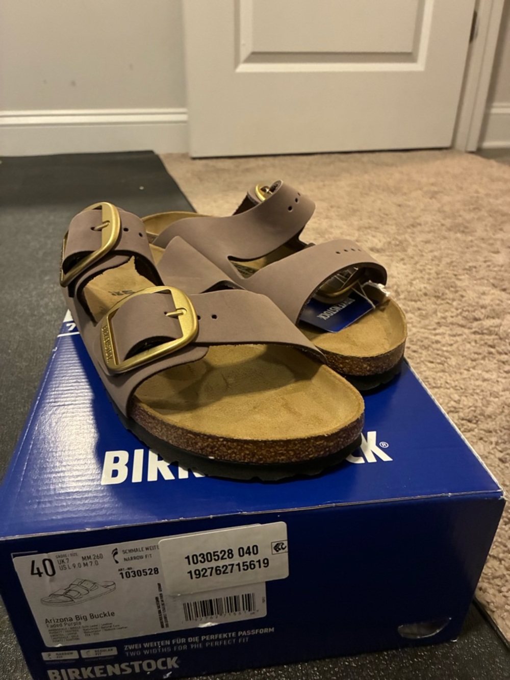 Birkenstock Arizona Big Buckle Sandals in Faded Purple with Brown Cork